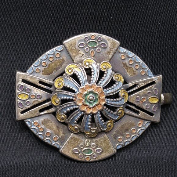 Vintage 1930s Art Deco Brass Enamel Belt Buckle Multicolor Floral Design - Picture 4 of 10